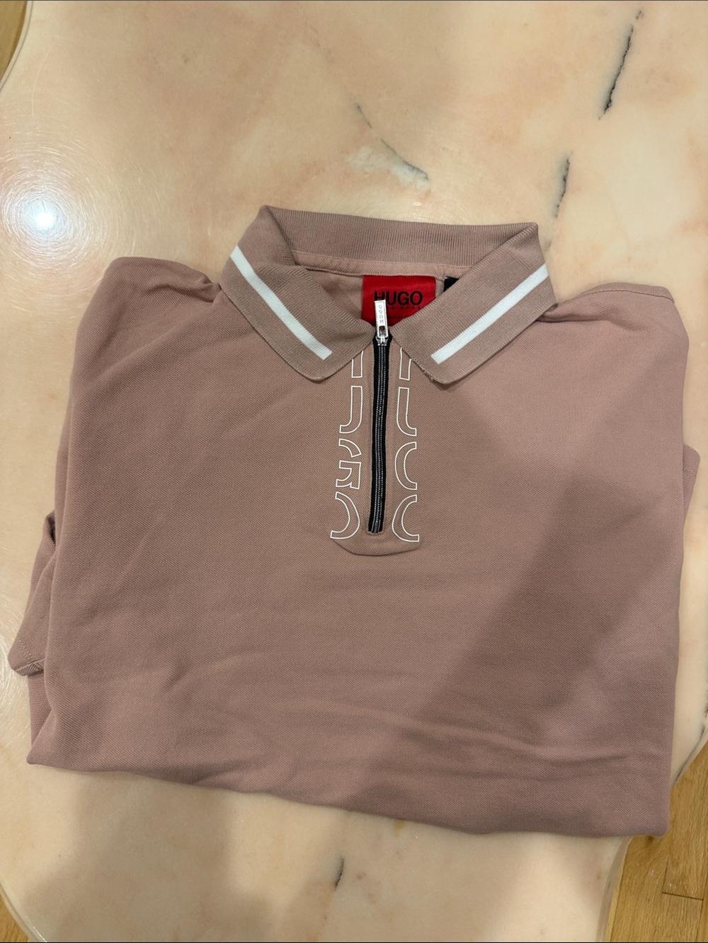 HUGO Men's Zip Polo in Dusty Rose with Contrast Stripe